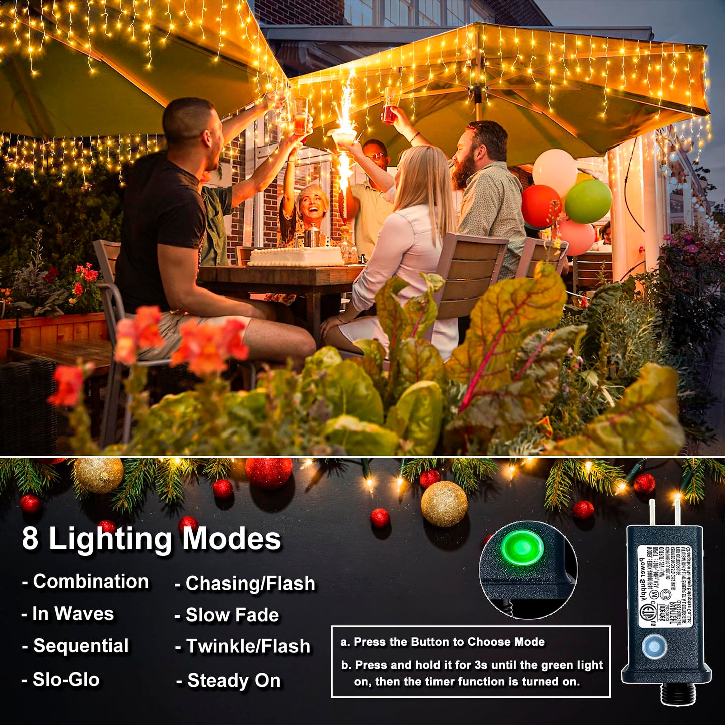 XmasBokeh Icicle Lights for Outside - 33FT 400 LED Icicle Christmas Lights Outdoor with 75 Drops, Plug in Connectable Curtain String Light for Indoor House Patio Roof Holiday Decor, Warm White