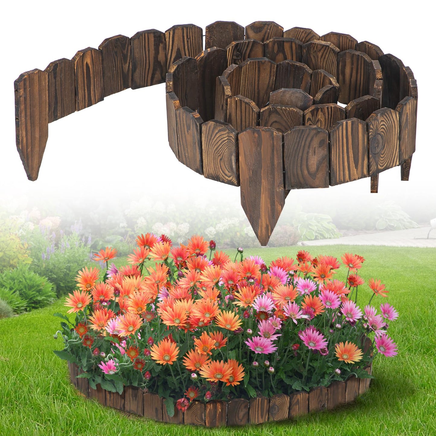 9.6ft L x 3.9in H Landscape Edging - Sturdy Anti-Corrosive Wood Garden Edging Border, Low-Profile Blends into Nature, for Yard Flower Bed Path Decorative Tree Fence, 1 Pack