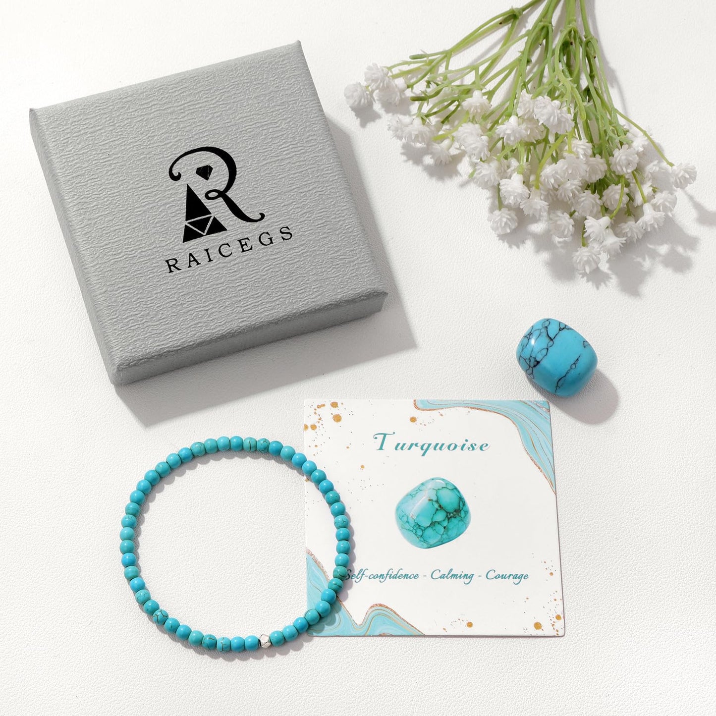 Raicegs 4MM Turquoise Beaded Bracelets Healing Crystal Bracelet for Women Men Natural Stone Handmade Stretch Bracelet Reiki Spiritual Jewelry