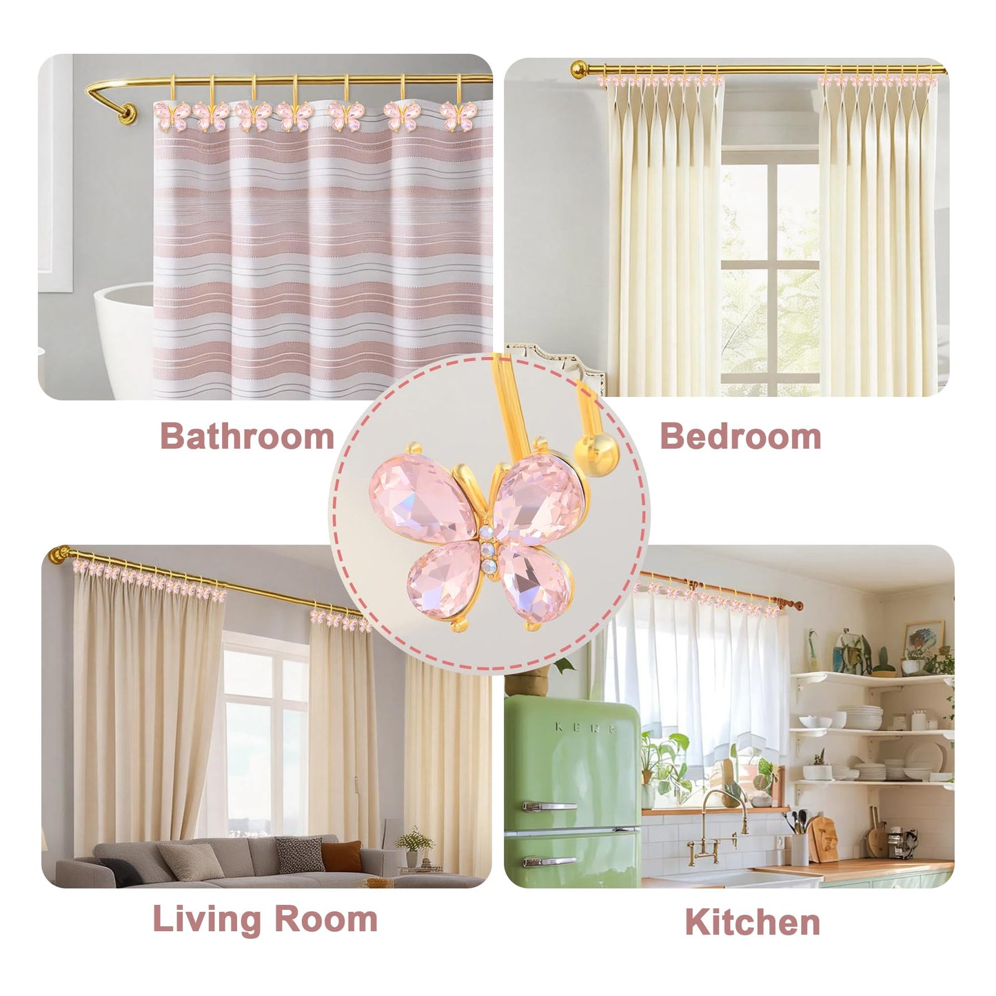 LUMITI Shower Curtain Hooks,12Pcs Rust Resistant Glitter Crystal Butterfly Metal Decorative Shower Rings Hangers for Bathroom Curtains, Clothing, Towels (Pink)