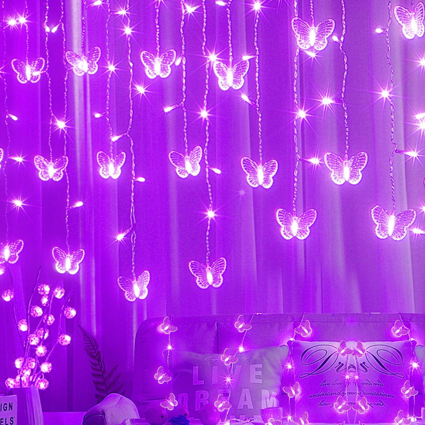Purple Butterfly Curtain Fairy Lights USB Plug in,120 LED 8 Modes 20FT Firefly Twinkle Icicle String Lights with Remote Timer Waterproof for Halloween Bedroom Christmas Wedding Party Dorm