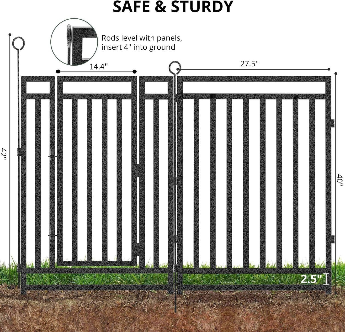 Decorative Garden Fence Metal Dog Fence Outdoor for Yard, 36ft (L) × 40in (H), 14 Panels + 2 Gates, Rustproof Animal Barrier Fencing for Patio & Flower Bed, No Dig, Black-Silver