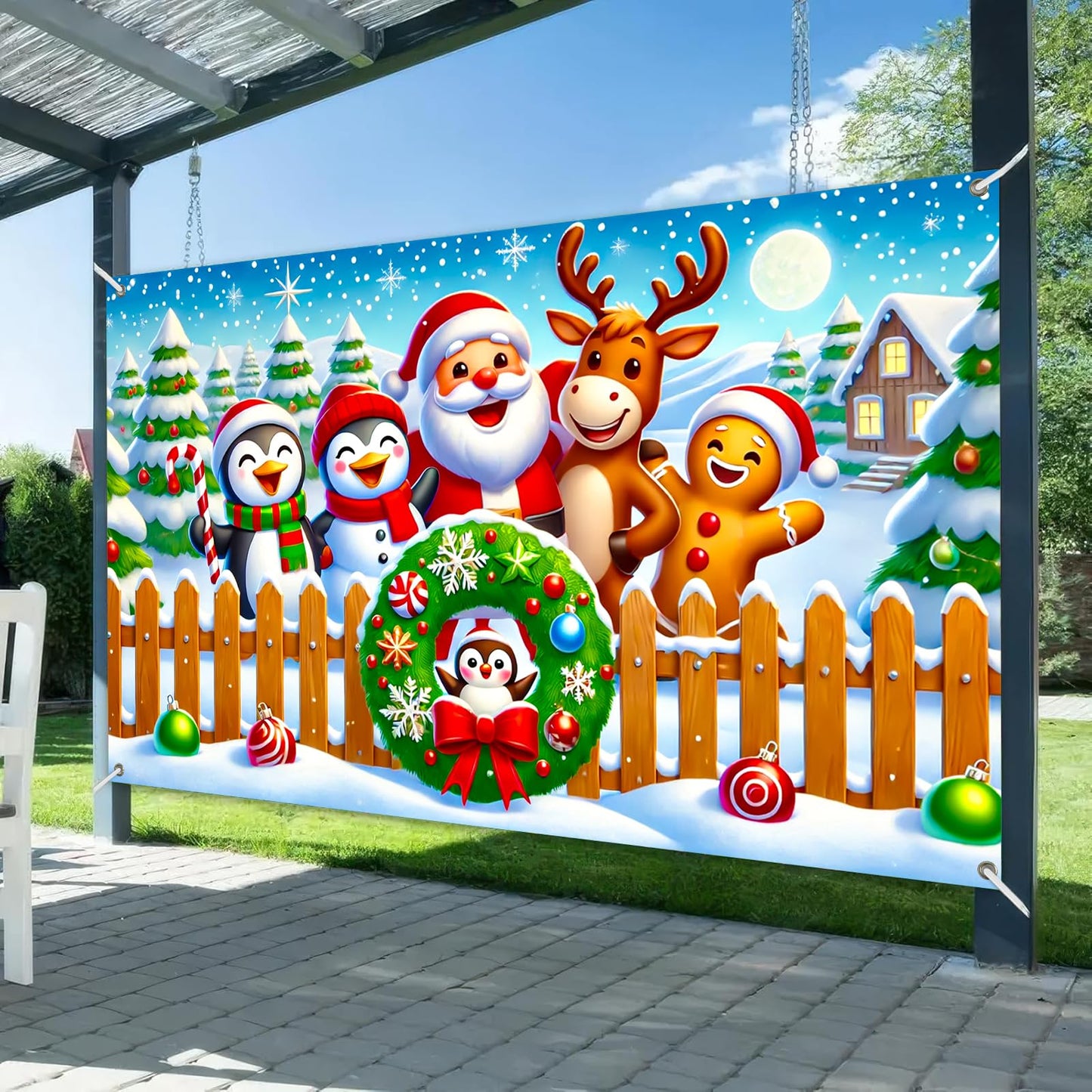 BlissYard Christmas Banner with Santa Claus Penguin Reindeer Gingerbread Snowman Scene Christmas Banner 71x43 Inch Cute Cartoon Holiday Backdrop for Xmas Party Indoor Outdoor Wall Yard Fence Decor