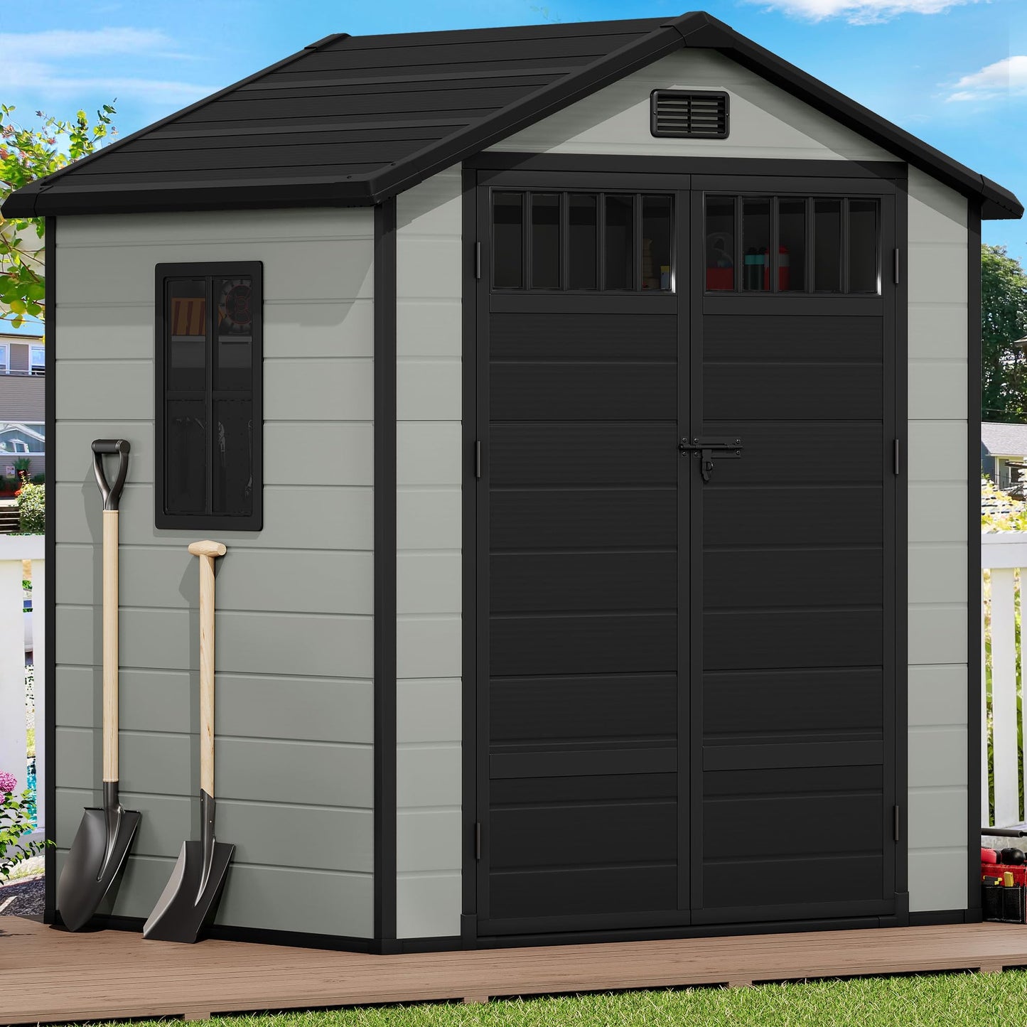 DWVO 6x4.4 FT Resin Storage Shed with Fence-Style and Side Windows, Lockable Door, and Vents for Garden, Backyard, Patio, Lawn, Blue-Gray