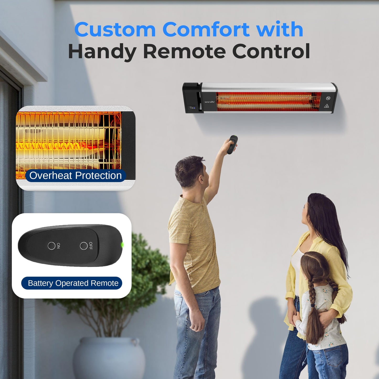 SereneLife Infrared Patio Heater, Wall-Mounted Electric Heater with Remote, 1500W, IP65 Approved, Odorless, Indoor/Outdoor for Patio, Restaurant, Backyard, Garage, Decks