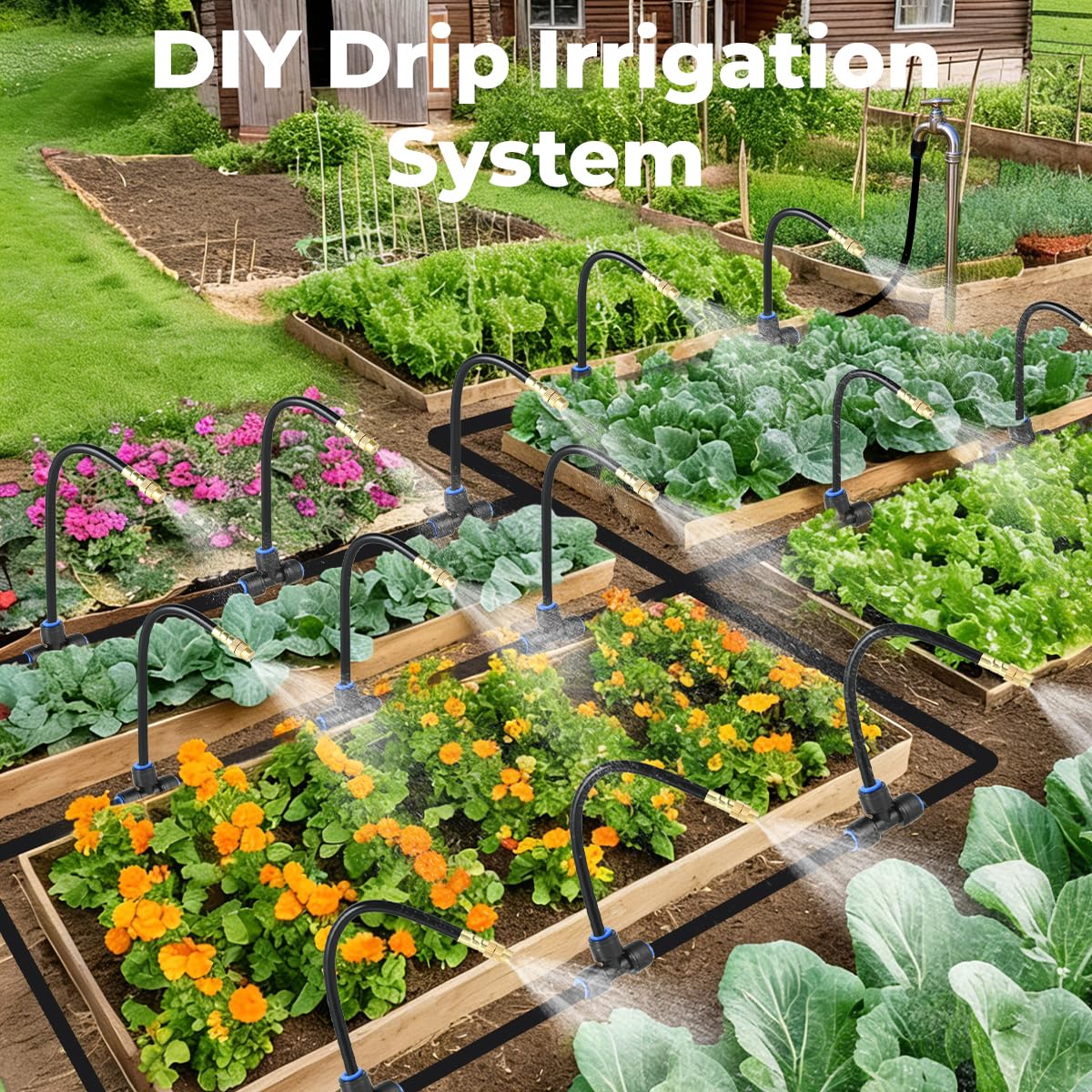 130FT Drip Irrigation System for Garden: 20 Nozzles 1/4" PE Tubing Automatic Watering Kit Adjustable Misting Sprinkler Mister Hose for Water Plants Tape Raised Beds Lawn Outdoor Yard Greenhouse