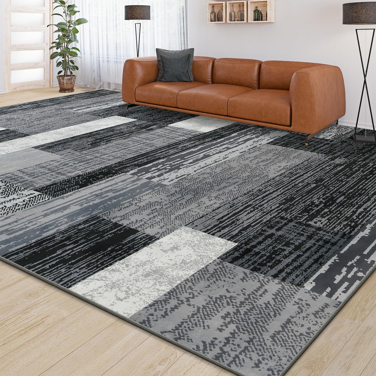 Large Area Rugs,Modern Geometric Patchwork Floor Decor for Bedroom Aesthetic Carpet, Rockwood Collection, Indoor Rugs for Living Room, Dining Room, Nursery, Office, Machine Washable Rug,6x9 Ft Grey