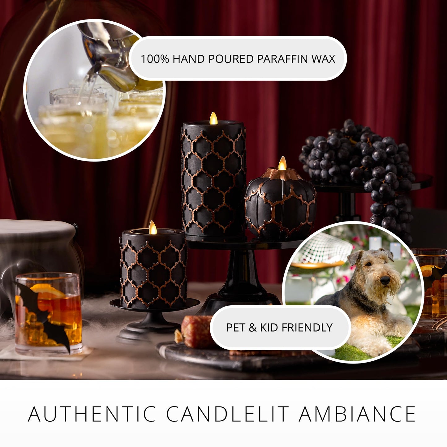Luminara Black Embossed Fretwork Pumpkin Candle, 3.8" x 4.3" Flickering Flameless LED Light, AA Batteries (Sold Separately) w/Timer, Real Wax Indoor Fall Halloween Decor Table Mantel Decoration