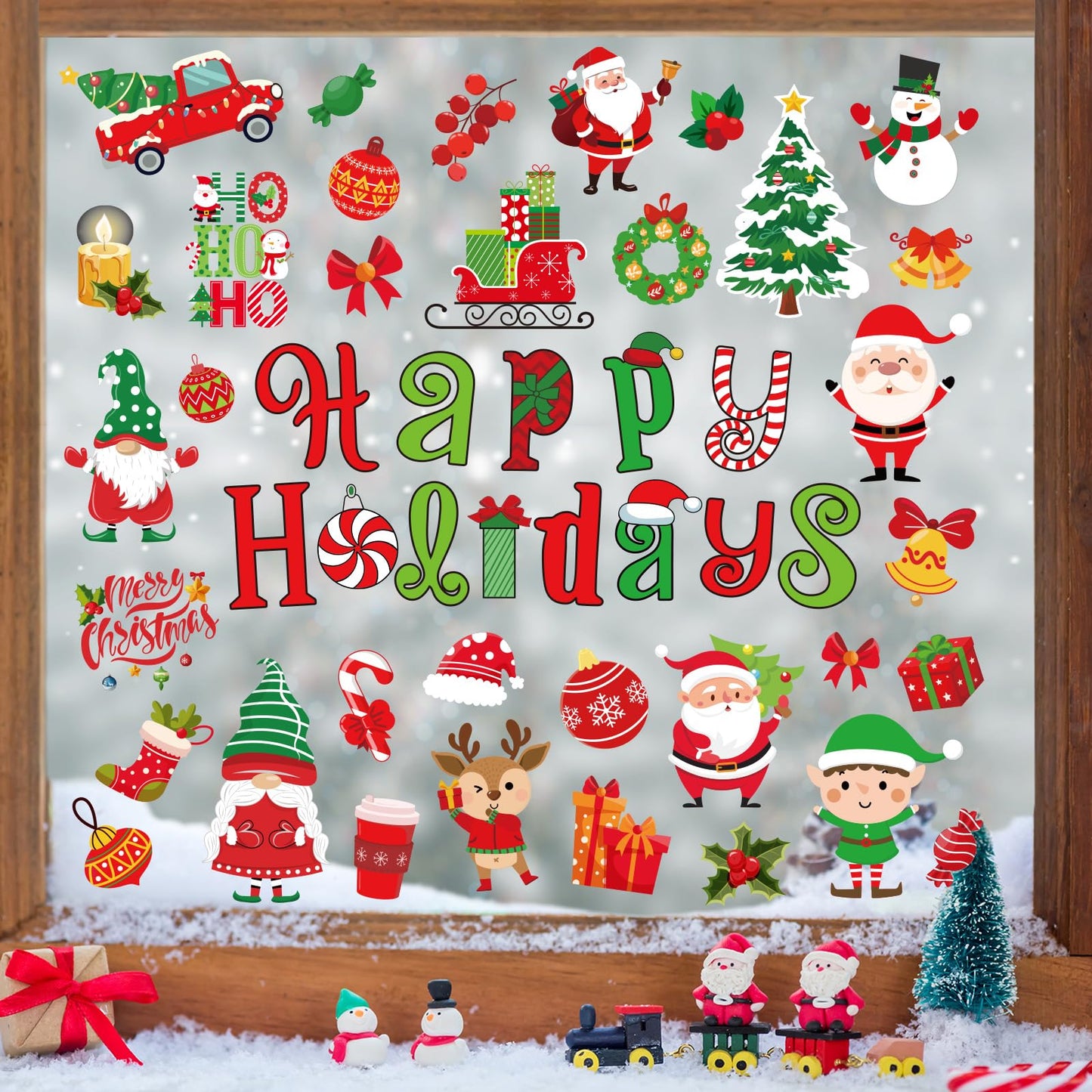 Whaline 9 Sheets Christmas Window Cling Stickers Xmas Santa Reindeer Cartoon Reusable Window Decals for Holiday Party Home Office Classroom Decoration