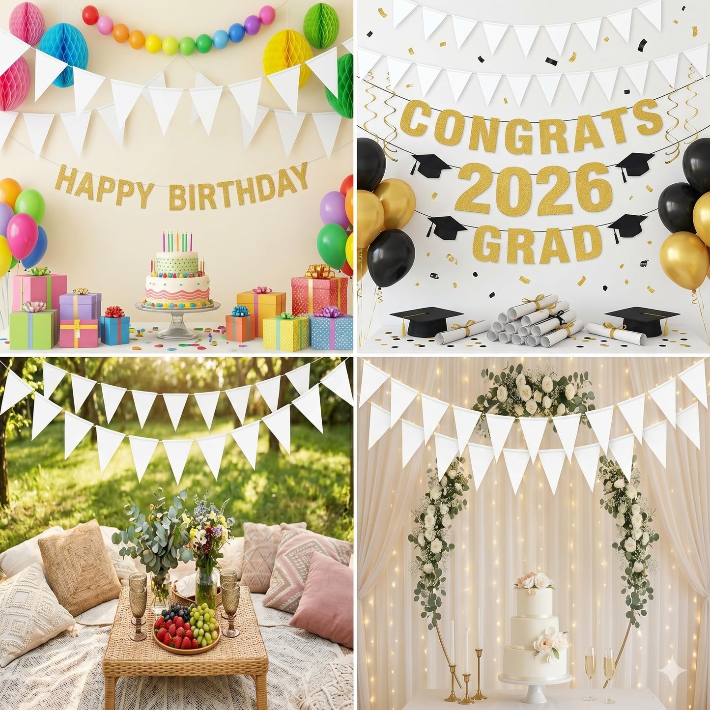 4P White Party Decorations - Metallic Fabric Triangle Pennant Banner Flags - Indoor/Outdoor Bunting Garland for Birthday, Wedding, Graduation & Theme Parties