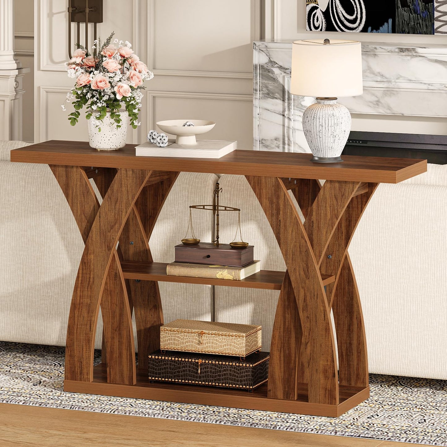 Tarnorci Console Tables, 55-Inches Walnut Console Table with Storage 3-Tier Farmhouse Narrow Entryway Table for Living Room, Hallway, Foyer(Brown)