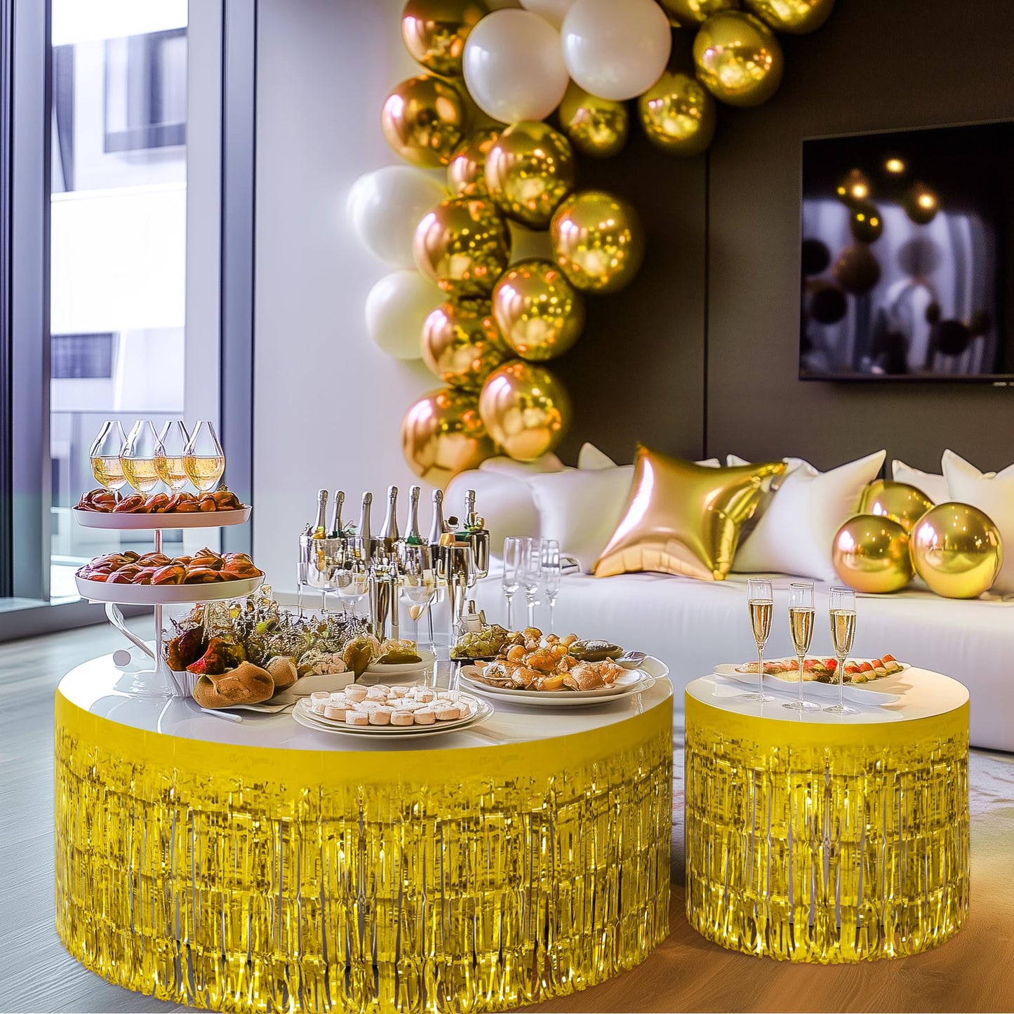 2 Pack Gold Table Skirts, 29x108" Metallic Foil Tinsel Fringe Table Skirts for Rectangle Tables Streamer Curtains Backdrop, Party Decorations for Birthdays Weddings Holidays