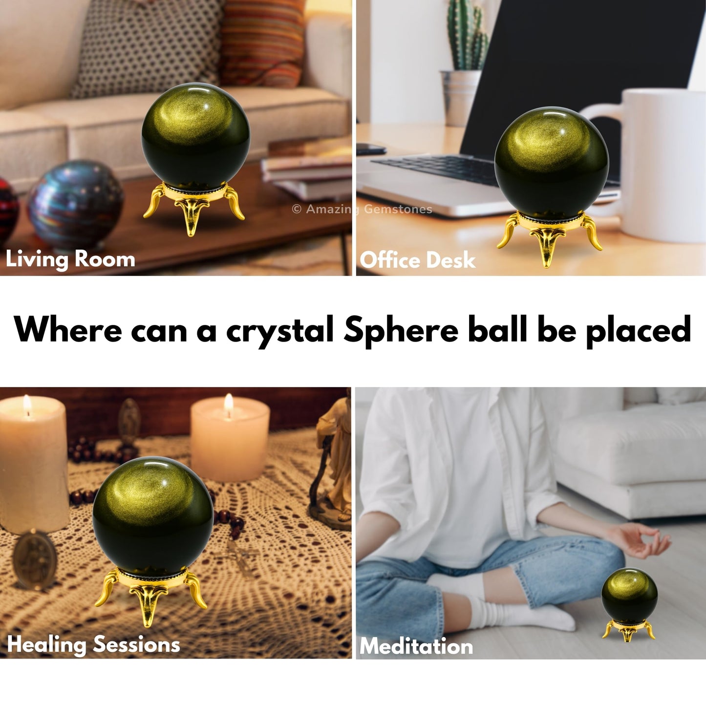Amazing Gemstone Golden Sheen Obsidian Crystal Ball with Stand - 2 Inches Crystal Sphere Meditation Balls for Witchcraft and Decorative Balls