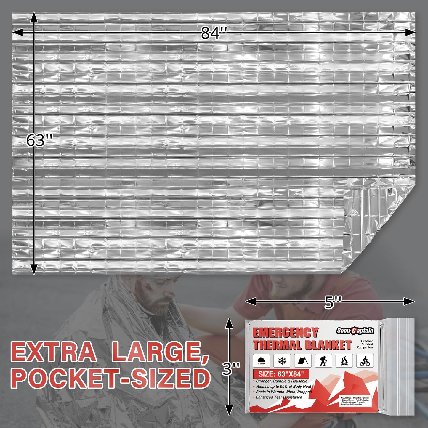 SecuCaptain Survival Emergency Thermal Blankets: 50 Pack Extra Large 84” x63” Space Mylar Blanket Kit for Outdoor Cold Winter Camping Hiking Car Bug Out Bag or First Aid