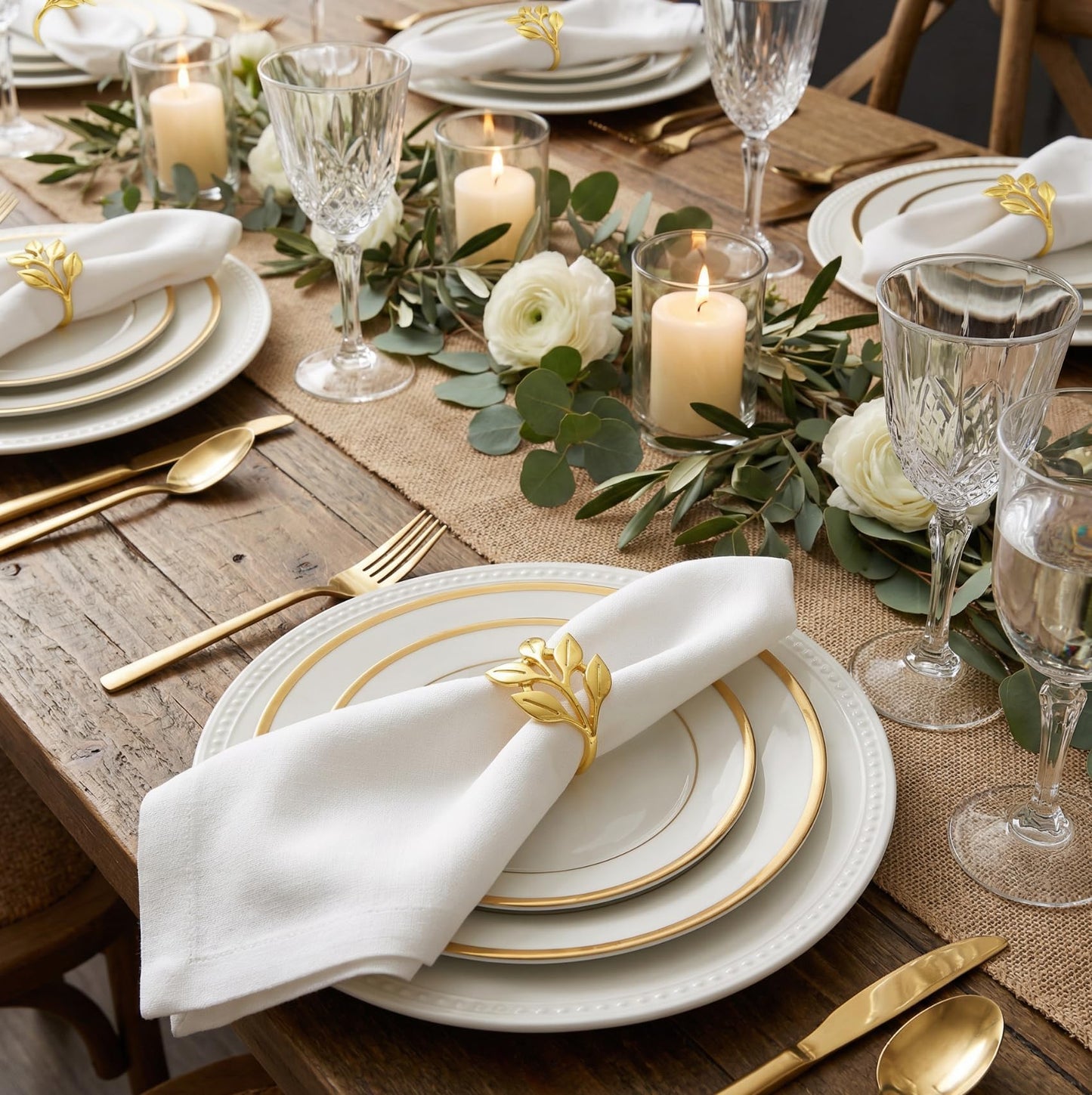 MONKKINO Napkin Rings Set of 12, Shiny Gold Napkin Rings, Smooth, Easy Care, Solid Zinc Alloy Leaf Shaped Elegant Table Decor, Stylish Napkin Ring Bulk for Holidays Wedding, Party, New Homes Gift