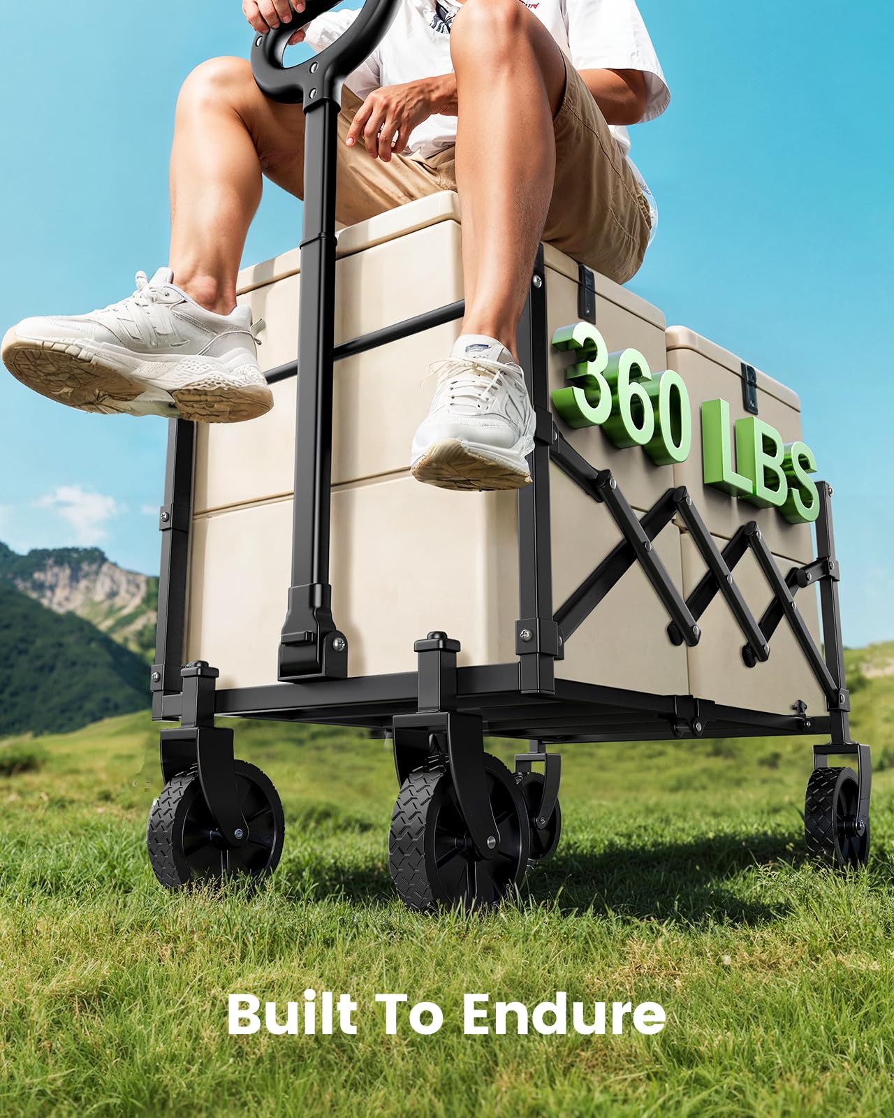 Small Wagon Cart Foldable, Collapsible Wagon with 360 LBS Max Load & Expandable Storage, 90L Foldable Grocery Cart with 2 Cup Holders for Outdoor, Garden, Camping &Groceries-Black