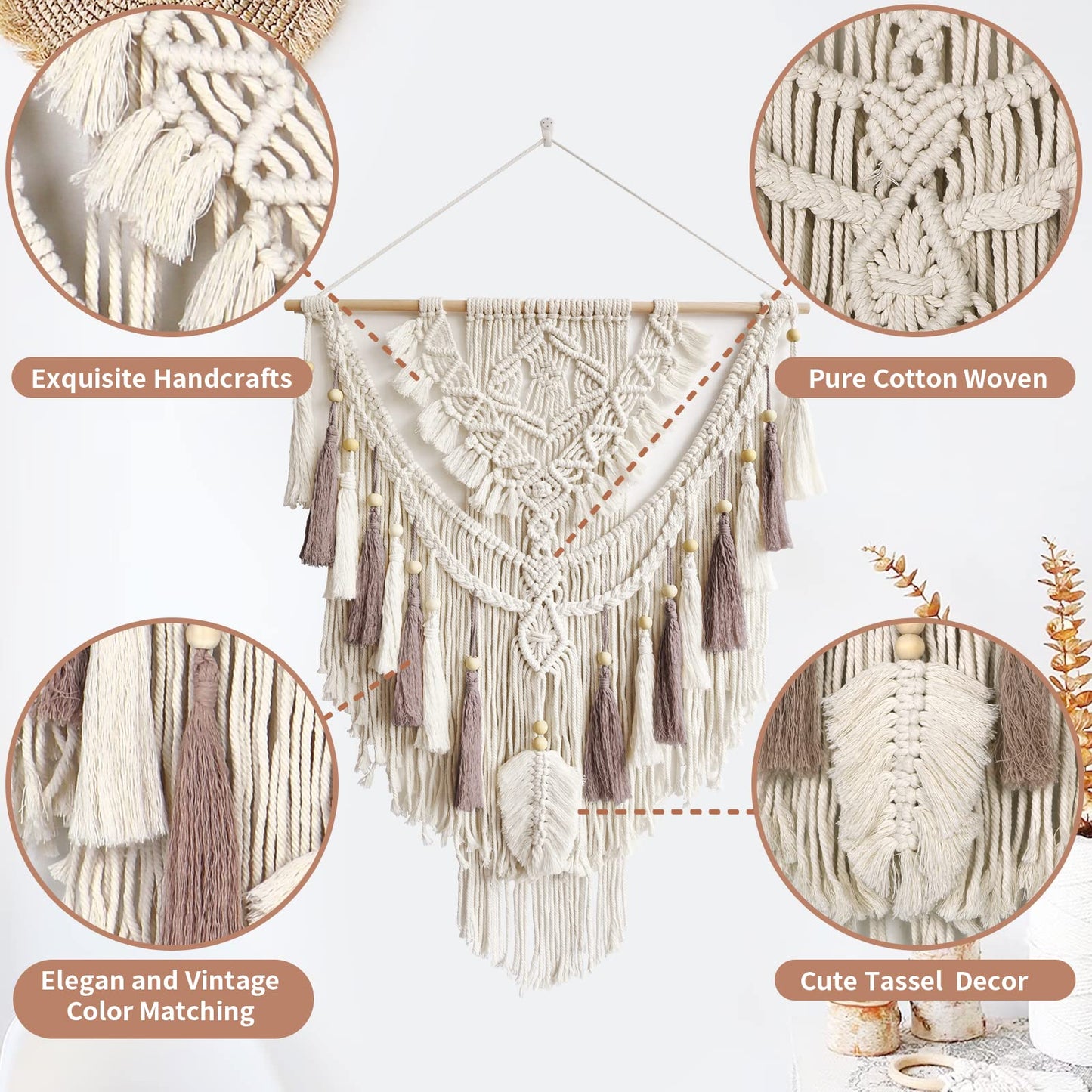 Lokeisna Macrame Wall Hanging, Woven Tapestry Beige & Dusty Rose Handmade Craft Macrame Wall Decor, Gallery & Nursery, Size 37.4” Lx27.5” W