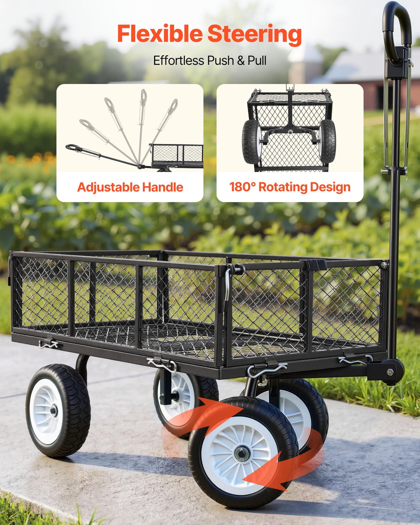 VEVOR 900 LBS Steel Garden Cart, 2 in 1 Handle, Heavy Duty Pullable Garden Wagon with 10" Flat-Free Tires, Outdoor Utility Yard Wagon Cart with Detachable Side Panels, Attach to ATV or Tractor