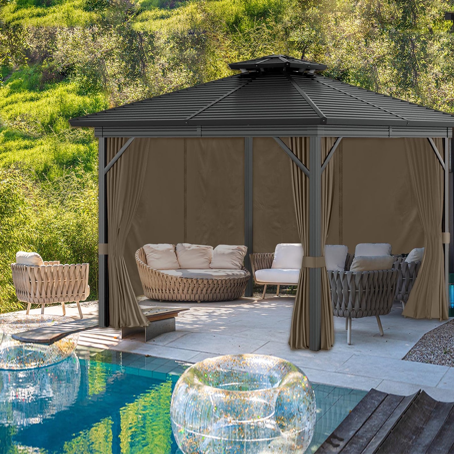 Mogtuo Gazebo Curtains 10'x10' Outdoor Waterproof, 4-Panels Sidewall Curtains Universal Replacement with Zipper for Patio, Backyard, Garden (Brown, 10'x10')