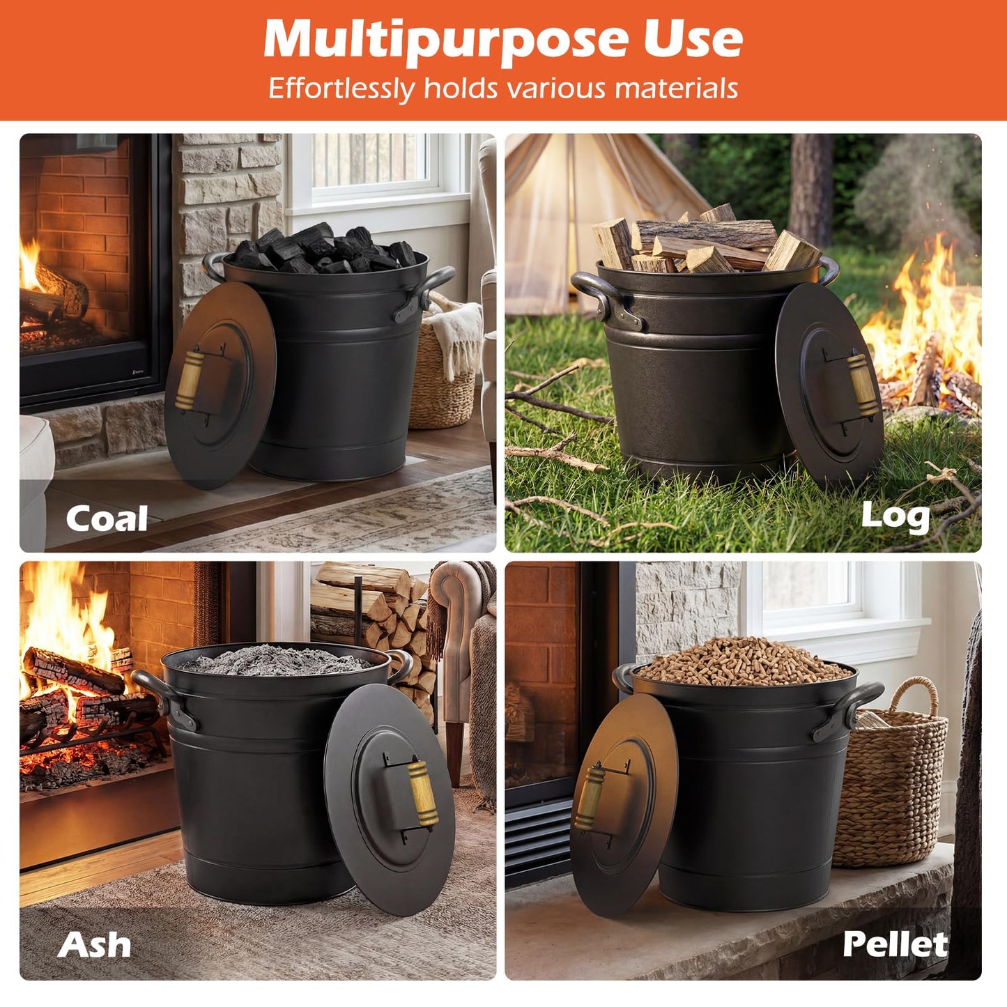 Tangkula 3 Gallon Ash Bucket with Lid, Galvanized Metal Coal Ash Cleaning Can w/Mango Wood Handle & Dual Side Handles, Indoor & Outdoor Fireplace Tool Ash Pail for Fire Pits Wood Burning Stoves