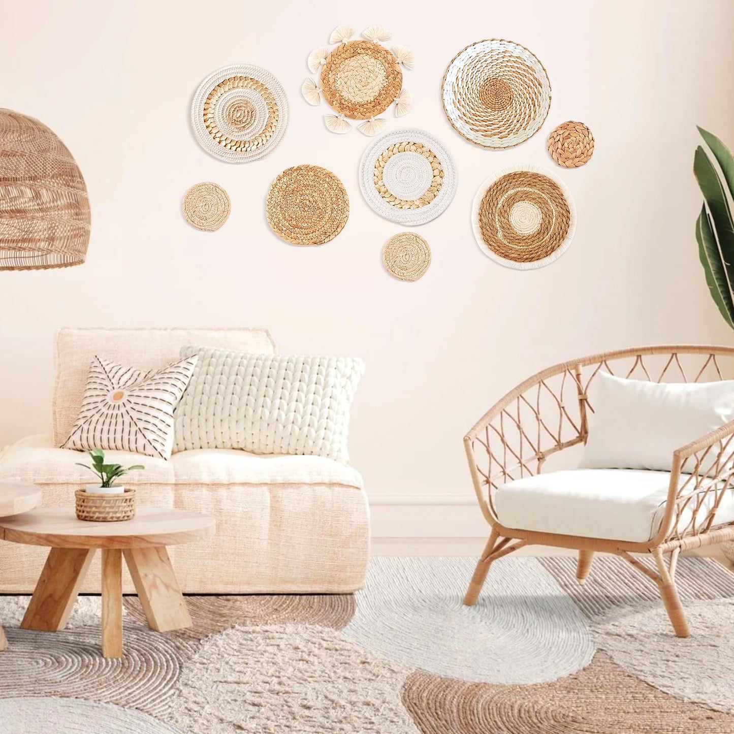 9PCS Boho Wall Baskets Set, Seagrass Rattan Wicker Basket Set, Round Handmade Hanging Basket Decor for Farmhouse Living Room Bedroom Display Table Kitchen Home