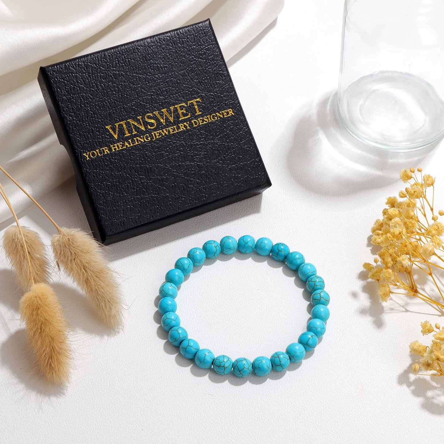 Vinswet Healing Crystal Bracelets for Women Men 8mm Turquoise Natural Stone Beaded Stretch Bracelet Handmade Gemstone Reiki Spiritual Jewelry Gifts