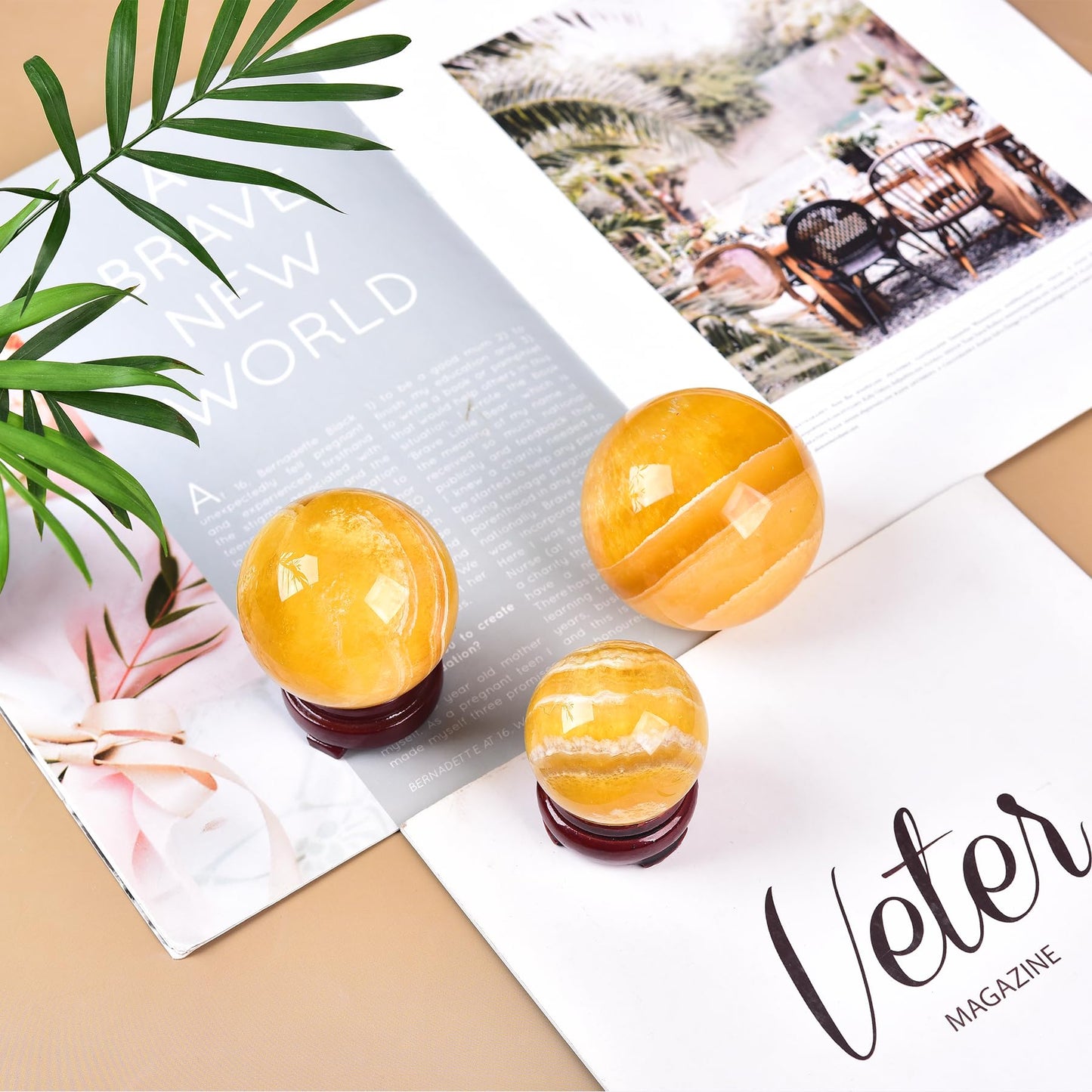 JIC Gem Natural Yellow Fluorite Crystal Sphere with Wooden Stand,Decorative Crystal Ball Yellow Gemstone Sphere for Meditation,Feng Shui,Witch-Style Decor,Table 70-80mm