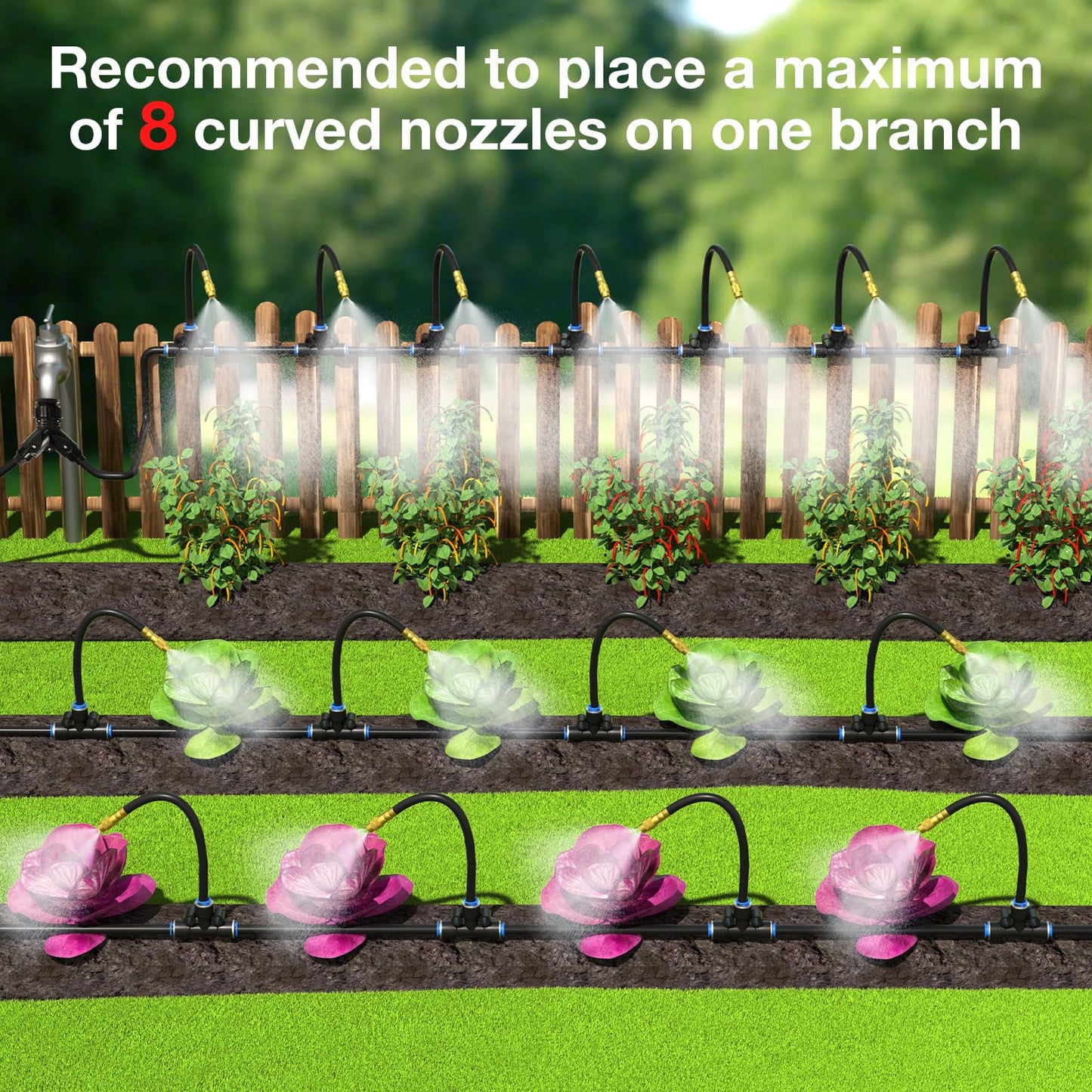 MIXC 100Ft 1/4" Drip Irrigation System,2026-Upgrade Garden Irrigation Kit with 16pcs Adjustable Copper Nozzles,Atomizing Watering System for Outdoor Plants,Raised Bed,Yard,Potted Plant,Lawn