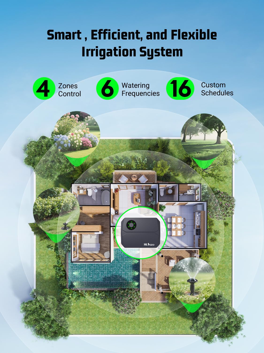 Smart Sprinkler Controller, 5G&2.4G Irrigation Timer Easy Use Free App, 4 Zone + 16 Plans, Save Water Auto Skip Rain, Freeze & Wind, 10 Minutes Install for Lawn Garden Yard