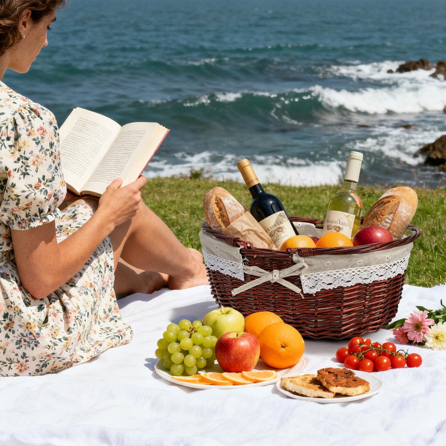 Dicunoy Wicker Picnic Basket with Handle, Large Empty Gift Basket to fill, Open Top Market Harvest Baskets for Garden, Fruit, Candy, Wine, Egg Gathering, Wedding, Vegetables