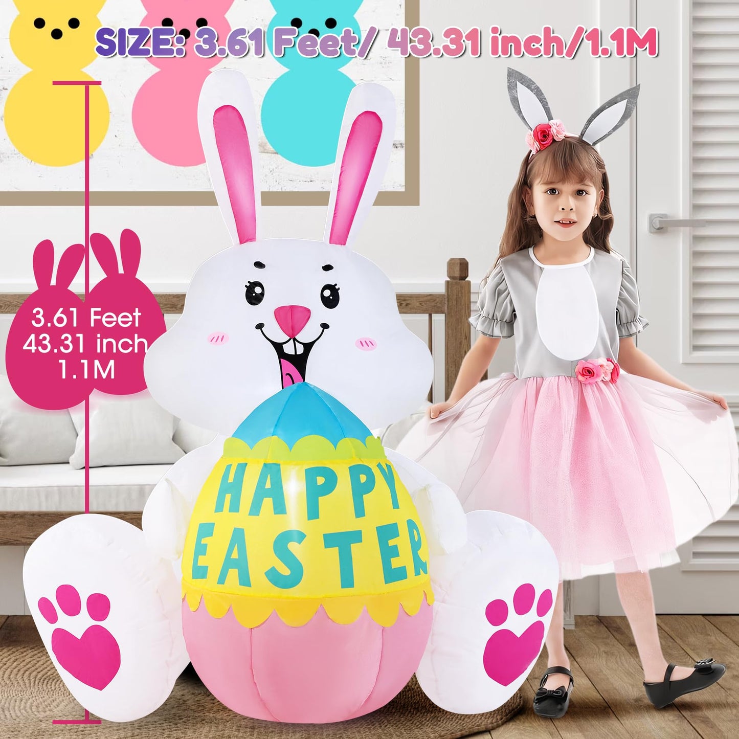 GIFTFIND 3.6FT Easter Inflatables Bunny with Egg - Brighter LED Lights, Quick Inflation Outdoor Yard Decoration, Holiday Inflatable for Patio Garden Lawn, Cute Ear Bunny Rabbit Gifts