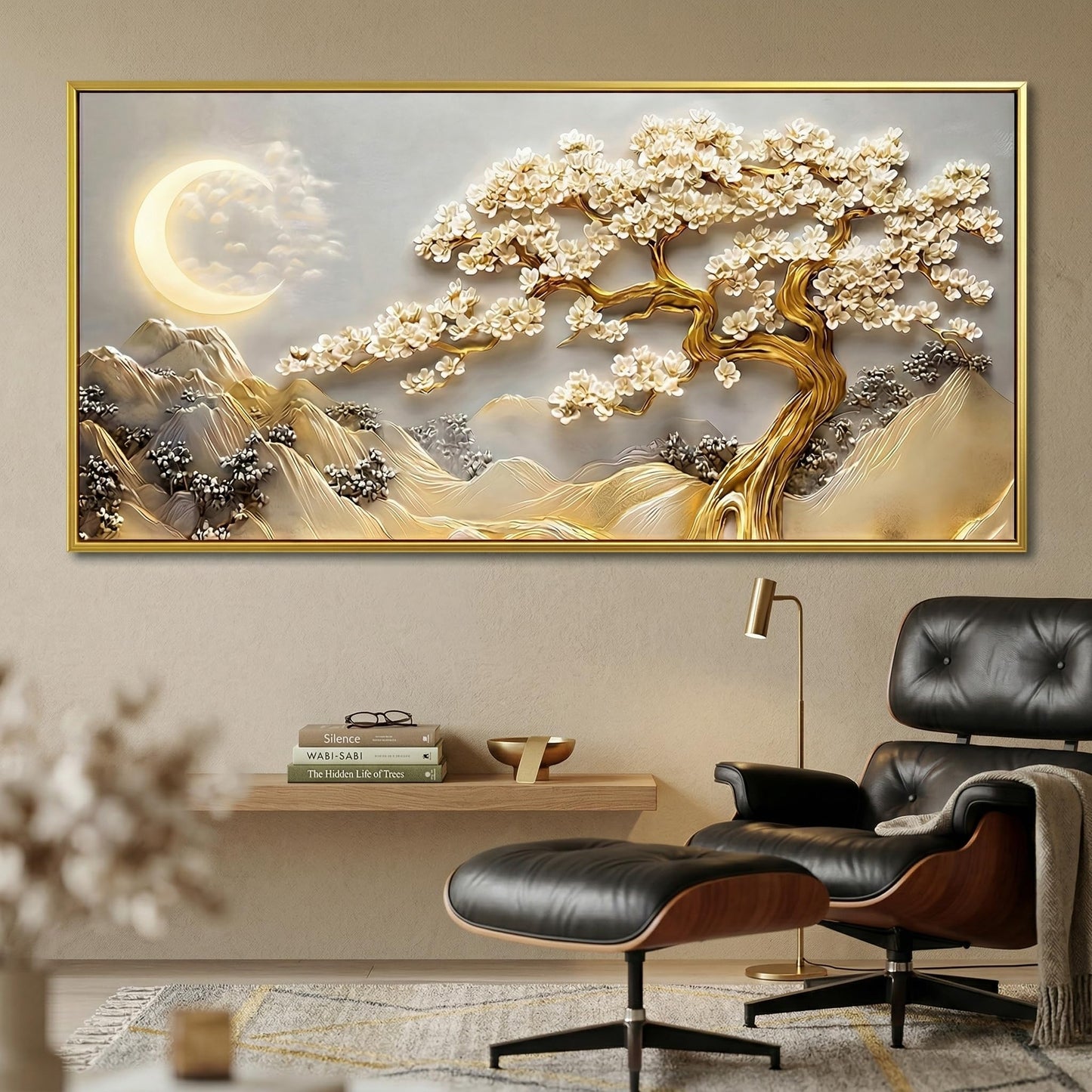 BirdSuite Gold Framed Lucky Tree Wall Art, Framed Canvas Print with Golden Tree & Moon Landscape, Ready to Hang Wall Decor for Living Room Bedroom Office Dining Room Entryway 48x24 inchs