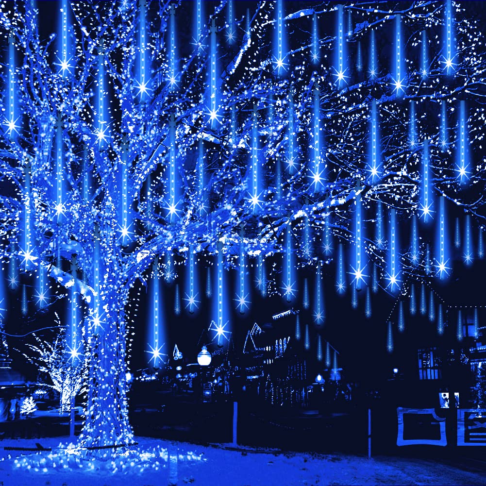 Weepong Meteor Shower Lights Outdoor Christmas Lights UL Certified Falling Rain Drop Snowfall Icicle Cascading String Light for Xmas Holiday Tree Wedding Party Garden Decor Blue, 12 Inch 8 Tubes