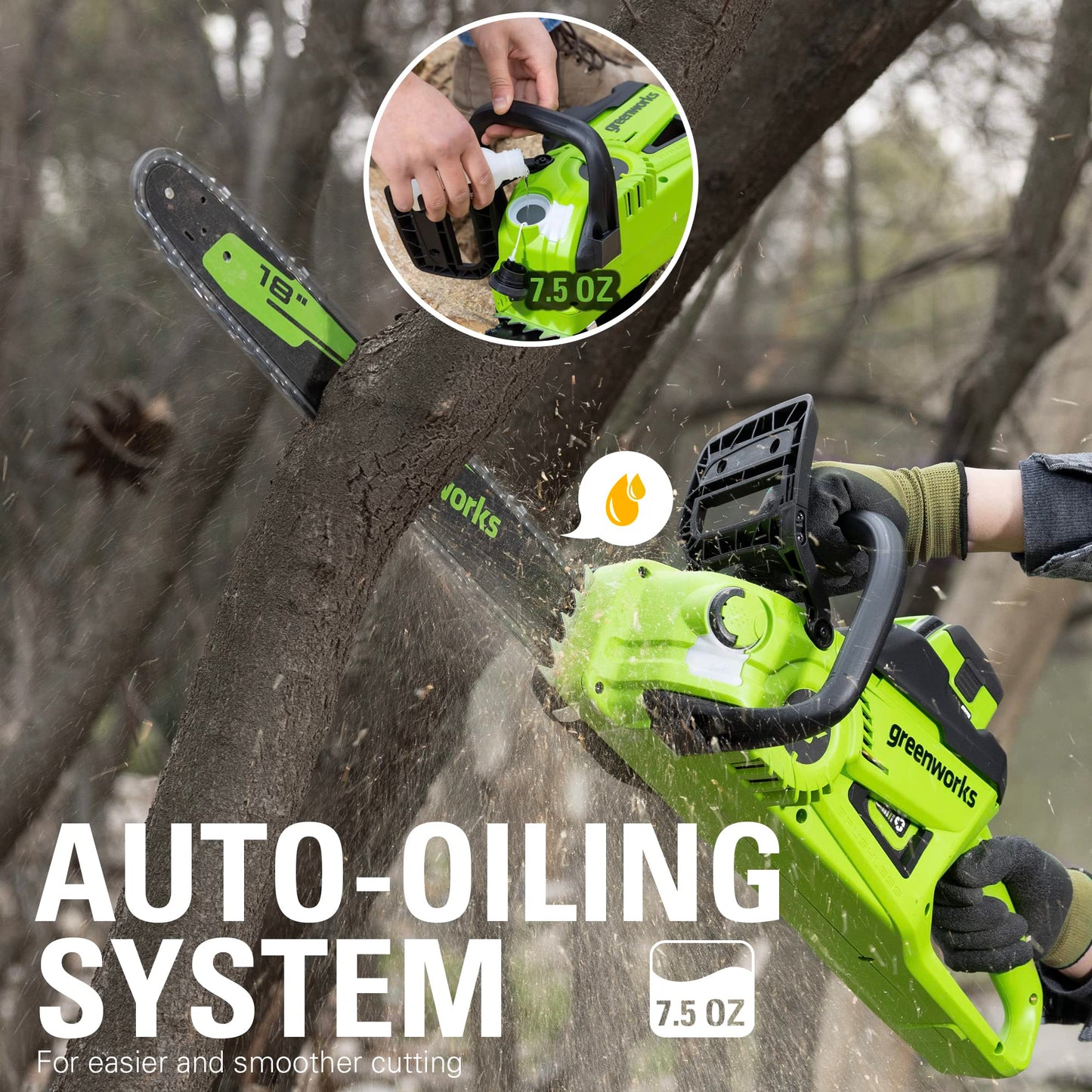 Greenworks 40V 18" Brushless Cordless Chainsaw (Great For Tree Felling, Limbing, Pruning, and Firewood), 8.0Ah Battery and Rapid Charger Included