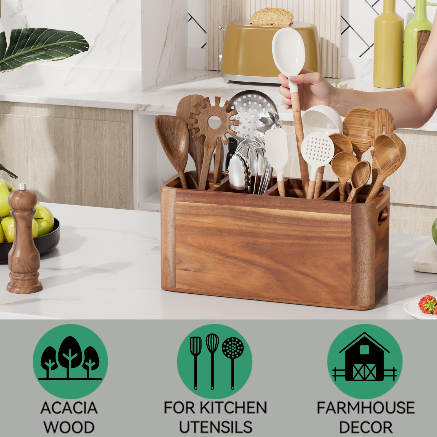 ZUJJAFY Utensil Holder, Extra Large Kitchen Utensil Holder for Counter with 4 Compartments, Wooden Kitchen Utensils Organizer for Countertop Cooking Spatula Storage, Acacia Wood