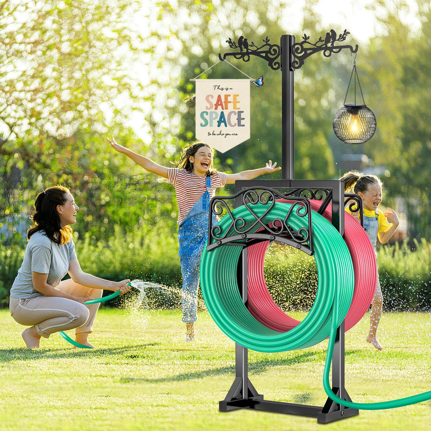 ODSNANIE Garden Hose Holder for Outside,Water Hose Holders with 2 Bird Statue Shepherds Hooks & 5 Spikes,Double-Sided Freestanding Hose Stand Heavy Duty Hose Storage Rack for Outdoor Yard Lawn Farm