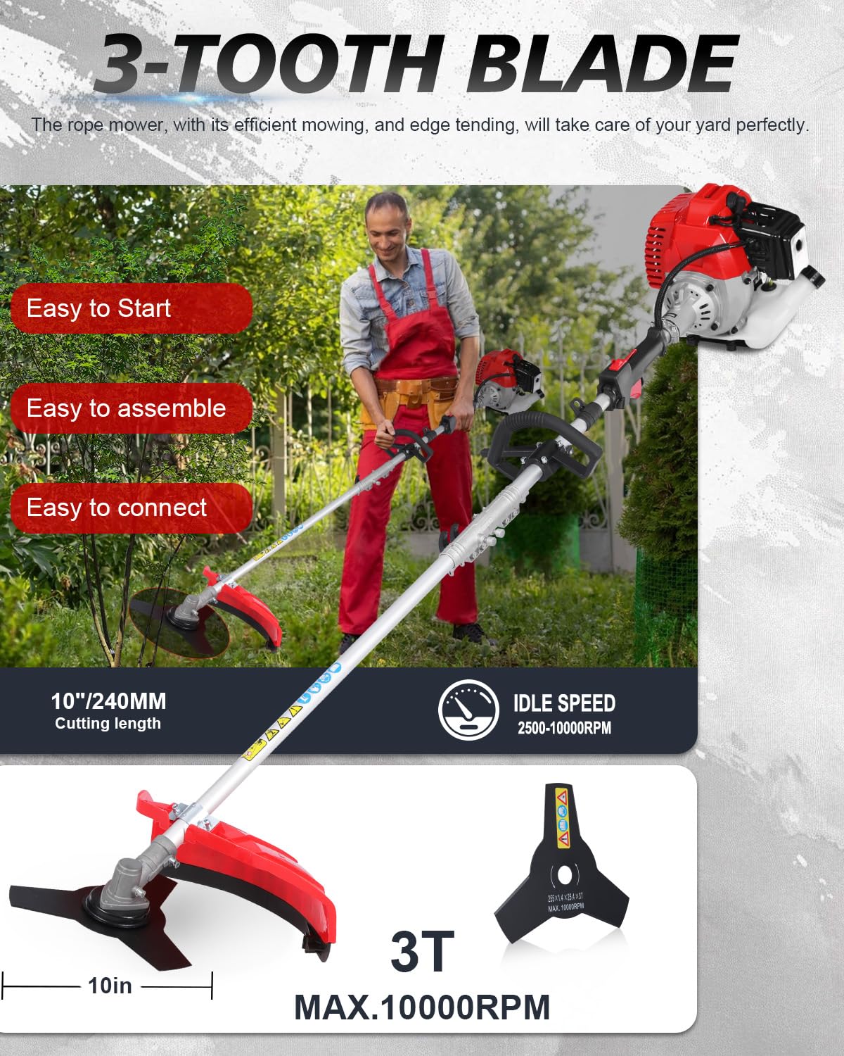WTHW 52CC Gas Weed Wacker & Weed Eater Multi-Tool - Heavy Duty Brush Cutter, Pole Saw, Hedge Blade, String Line & 40-Inch Extension - Anti-Vibration Design, Fast Cold Starts (Red)