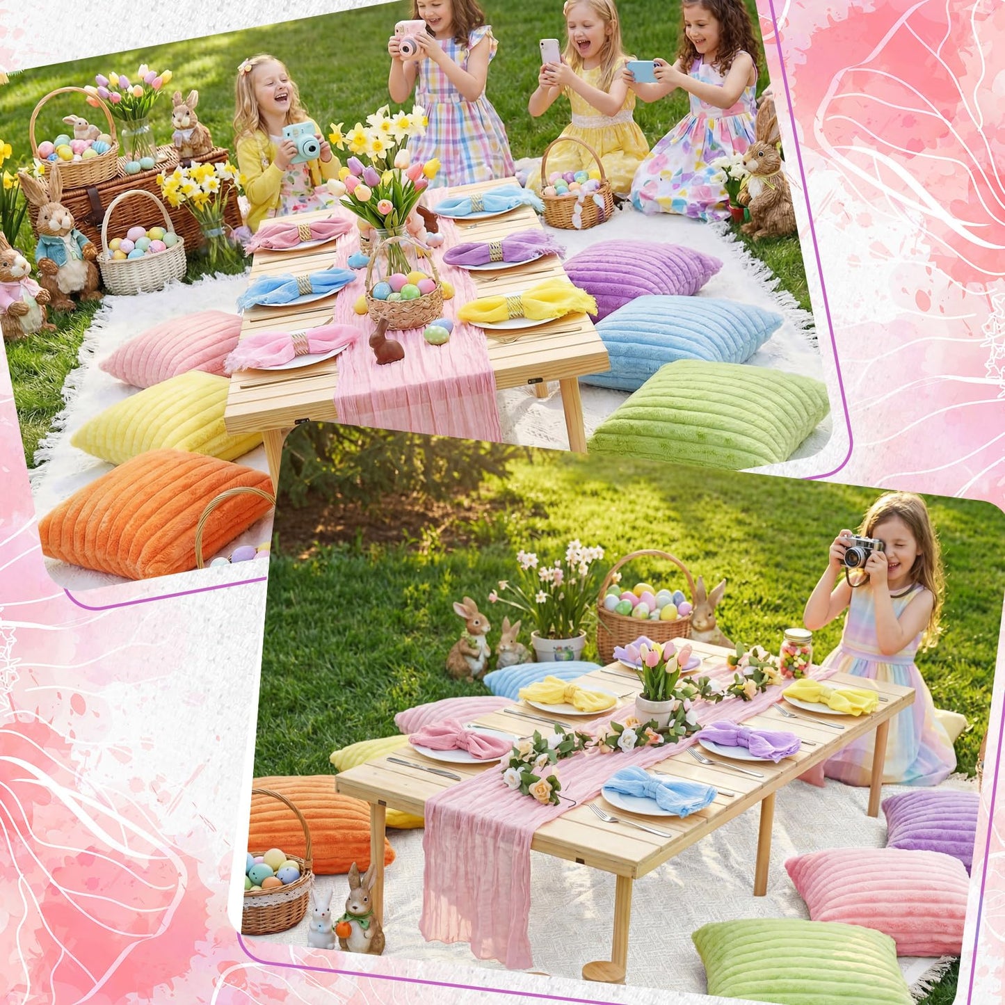 Beeveer 91 x 71 Extra Large Outdoor Boho Picnic Blanket with Pastel Table Runner, 6 Throw Pillow Covers 6 Napkins Woven Cotton Yarn Oversize Beach Blanket Washable Picnic Camp Wedding