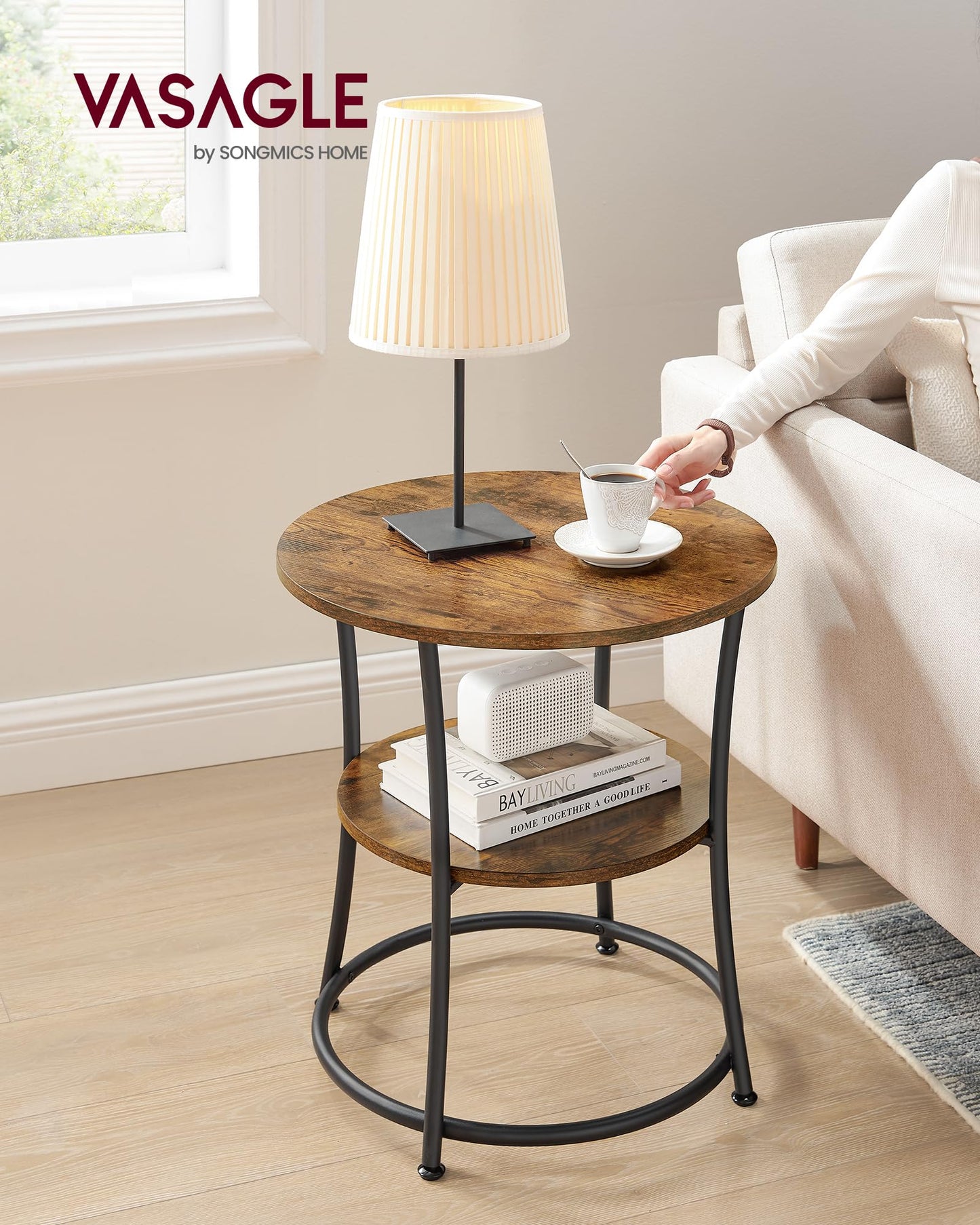 VASAGLE 21.7-Inch Round Side Table, 2-Tier End Table, Nightstand with Steel Frame, Spacious Top, for Small Spaces, Living Room, Bedroom, Rustic Brown and Ink Black ULET56BX