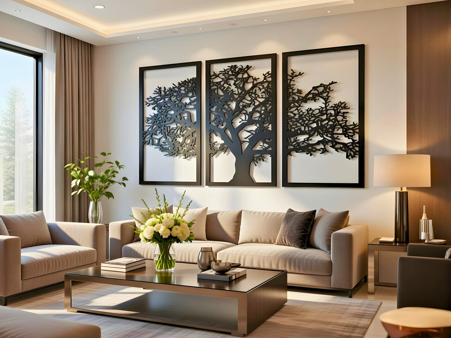 Vailla Tree of Life Wall Art 3pcs Family Tree Wall Decor 3D Wooden Wall Hanging Sculpture Modern Home Decoration 3 Panels Textured Sculptures for Living Room Bedroom Office Dinnig Room