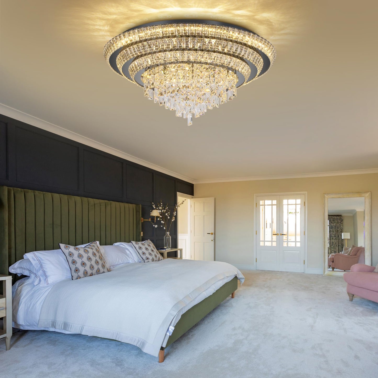 30 inch Crystal Flush Mount Black Chandelier, Modern Raindrop LED Ceiling Light, 3CCT Dimmable & Brightness Adjustable,Remote/APP ,Elegant Chandeliers for Bedroom Hallway Dinning Room Living Room