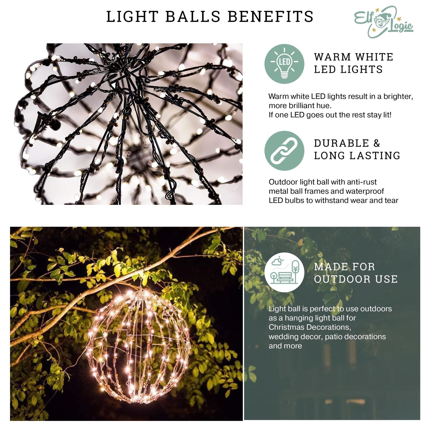 Elf Logic 3 Pack 16” Outdoor/Indoor LED Christmas Light Balls. Durable, Waterproof, Long-Lasting, Lightweight Bright Light Ball. Warm LED Lights for Holiday Decor, Patio, Wedding Decor