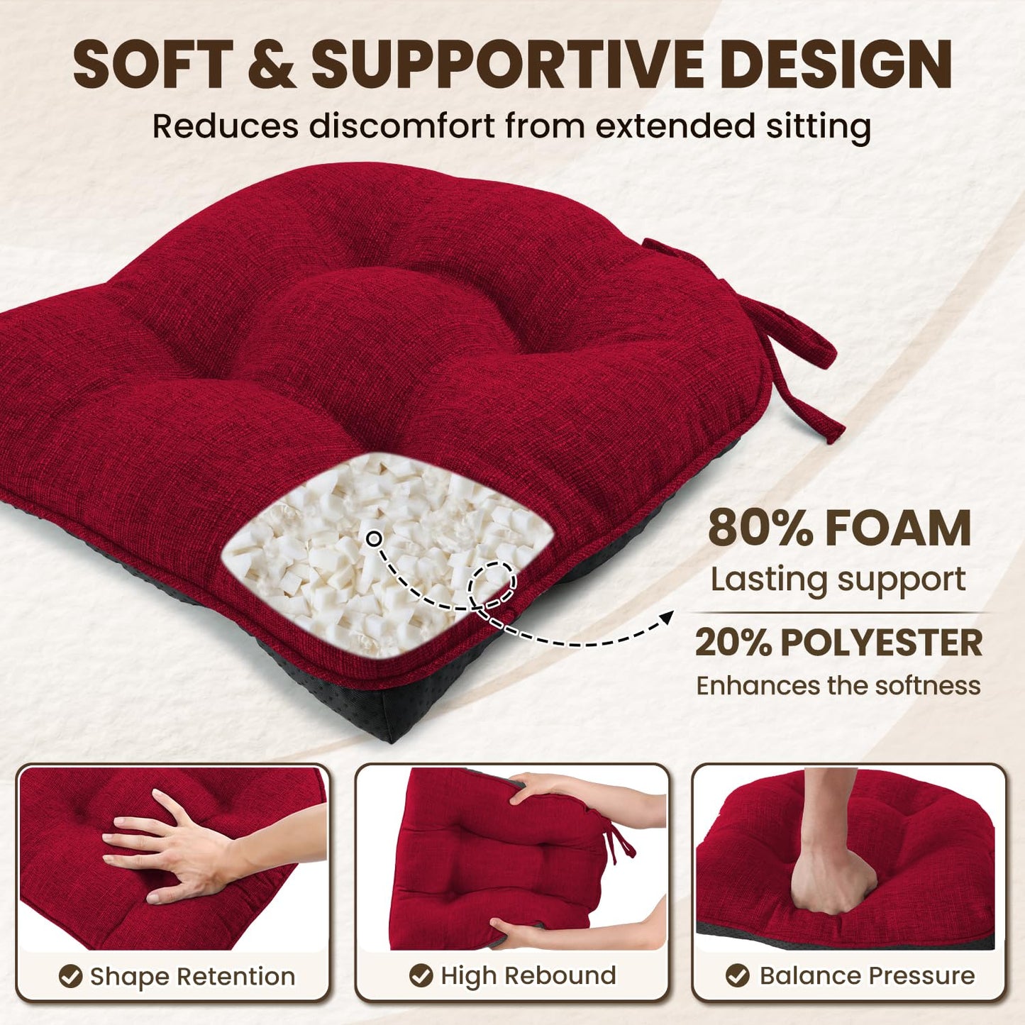 downluxe Indoor Chair Cushions for Dining Chairs, Tufted Overstuffed Textured Kitchen Chair Pads with Ties and Non-Slip Backing, 15.5" x 15.5" x 4", Red, 6 Pack