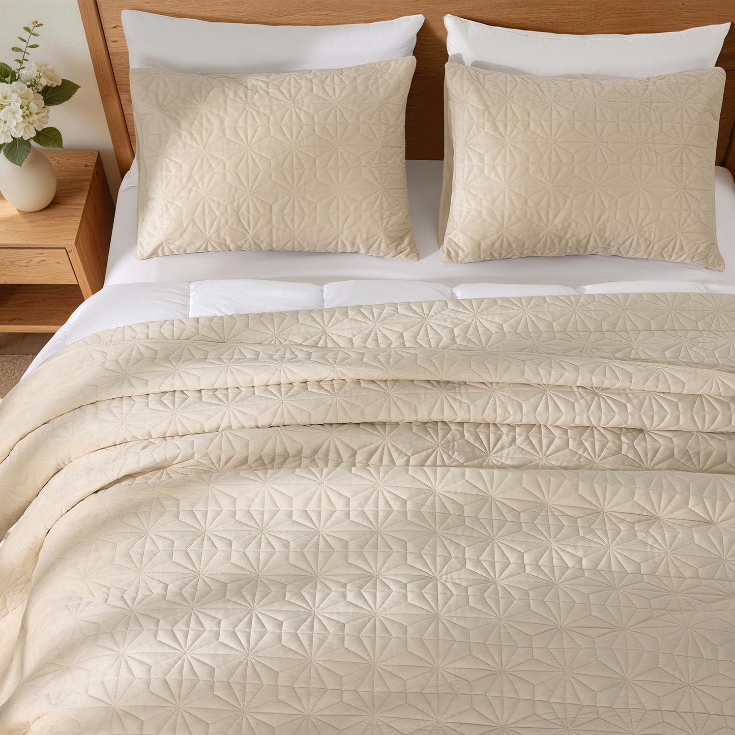 Uqocnh Luxury Velvet Quilt Set Queen Size 3 Piece, Soft Channel Stitch Velvet Comforter Set with 2 Pillow Shams, Lightweight Coverlet Bedspread Bedding Set for All Seasons, Beige