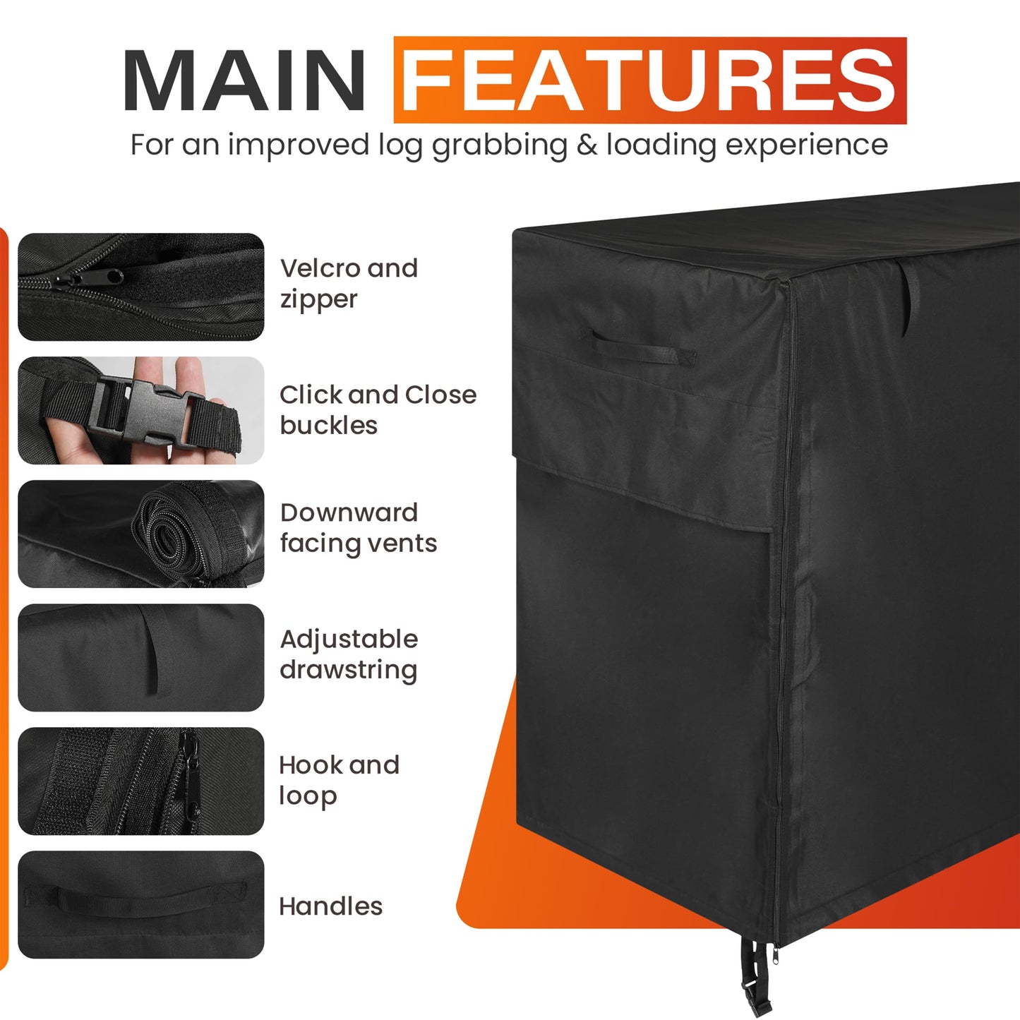 8ft Waterproof Firewood Rack Cover - Heavy Duty Black 600D Oxford Fabric - Indoor Or Outdoor Firewood Log Cover with Zipper & Adhesive Closing Strips - Rack NOT Included - Black