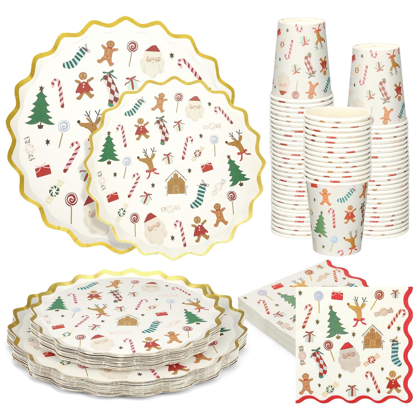 Patelai 100 Pcs Christmas Paper Plates, Cups and Napkins Disposable Christmas Party Supplies Xmas Paper Dinnerware Disposable Dessert Plate Tableware Holiday Birthday Party Decorations, Serve 25