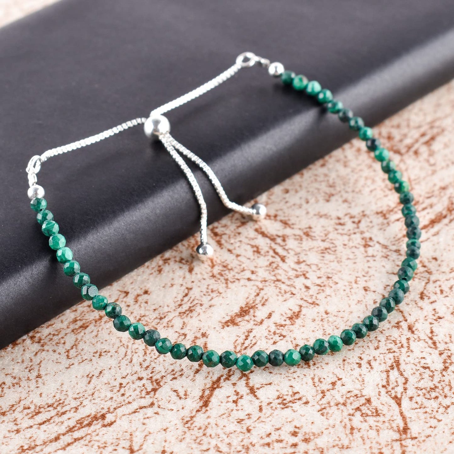 ZEMBIENCE Natural Malachite Gemstones Bolo Bracelet, Micro-Faceted Beads, Chakra Healing Crystals, Silver Plated, Adjustable Slider, Minimalist, Birthday, Women Jewelry, Valentine Gifts, Size 10"