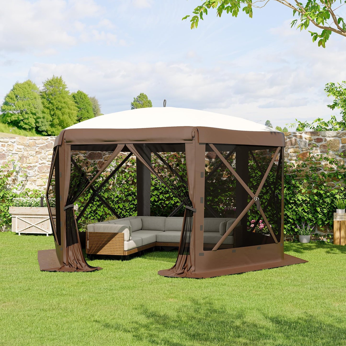 GarveeLife 11.5x11.5FT 6-Sided Pop Up Gazebo Tent，One-Push Setup Canopy Tent with Mesh Panels & Removable Wind Cloths, Outdoor shelter for Camping, Backyard Parties, Outdoor Events - Beige & Khaki