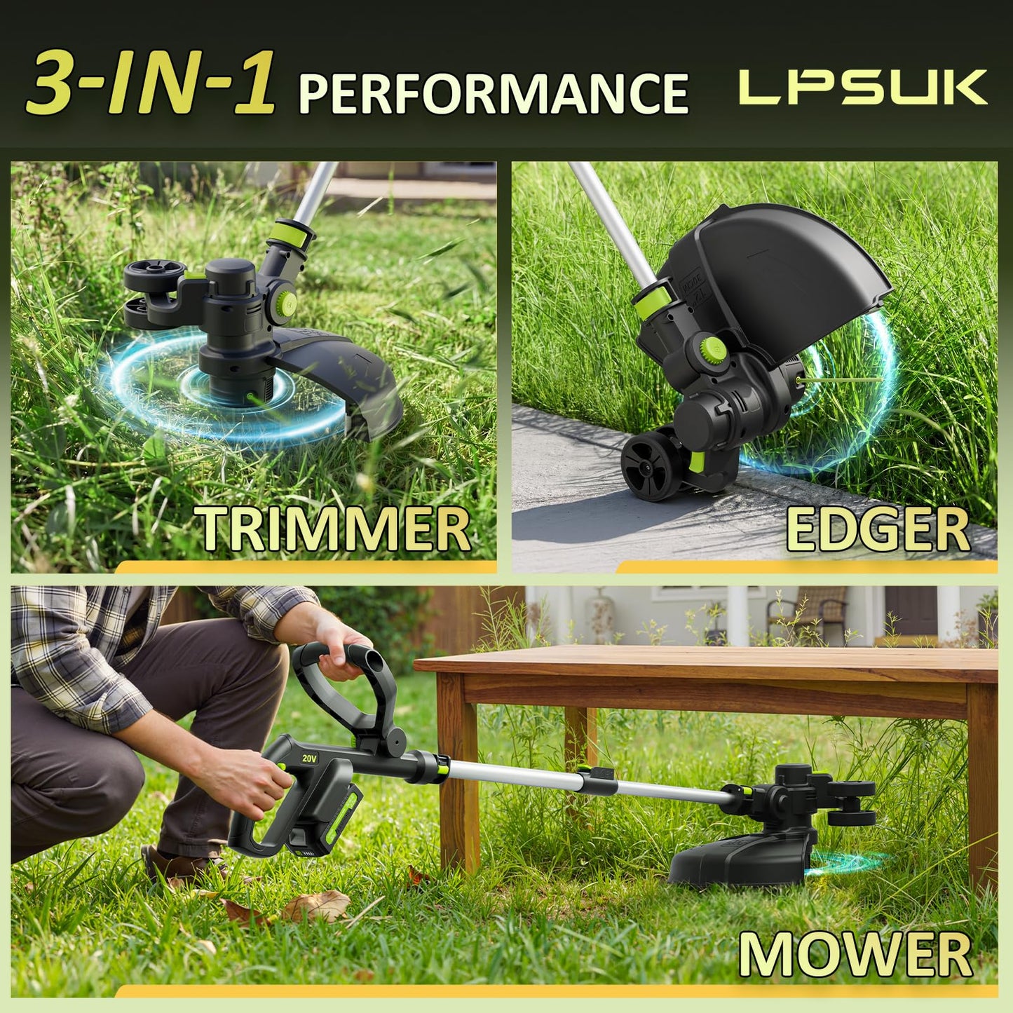 20V Cordless String Trimmer, Two 2.0Ah Battery Powered with Fast Charger, 12'' Grass Cutter with Auto Line Feed, 3-in-1 Electric Lawn Mower Grass Trimmer&Edger Lawn Tool with 8 Lines for Yard, Garden