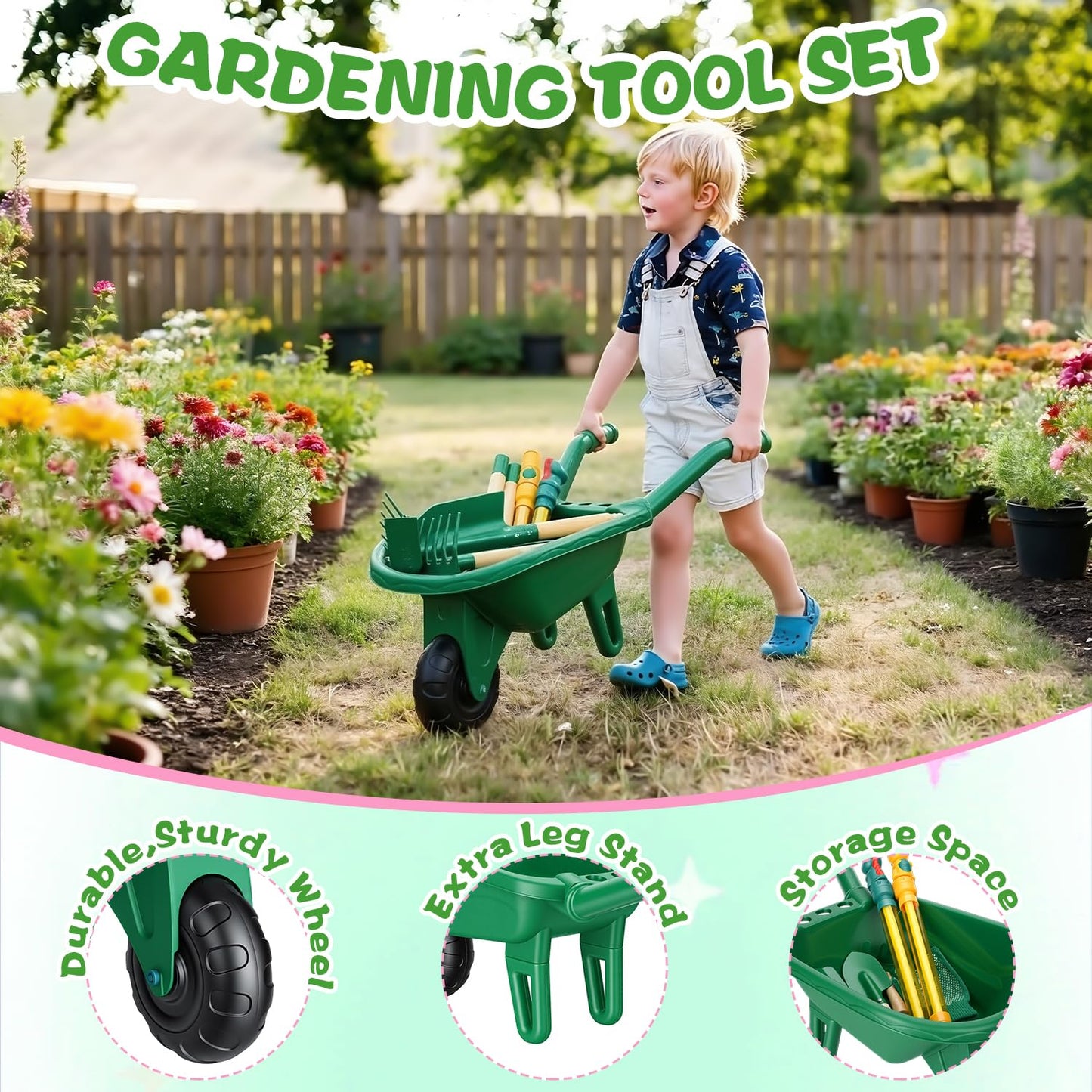 Dutywand Kids Gardening Tools Set with Wheelbarrow, Wooden & Metal Outdoor Gardening Toys for Summer Outdoor Yard Digging & Weeding, Easter Birthday Gifts for Boys Girls Age 3+ Years (Green)